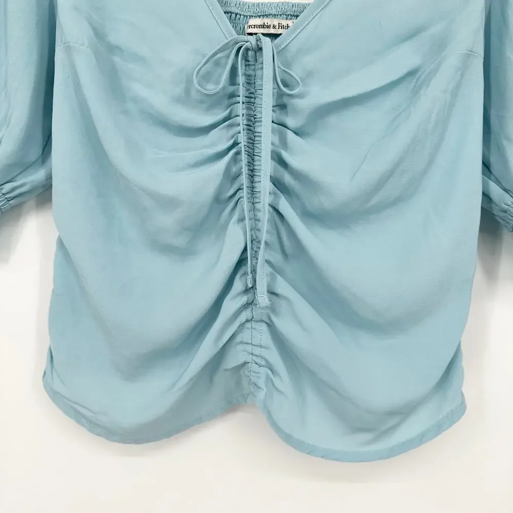 Abercrombie & Fitch Cinch Front Puff Sleeve Top V-Neck Ruffle Smocked Blouse